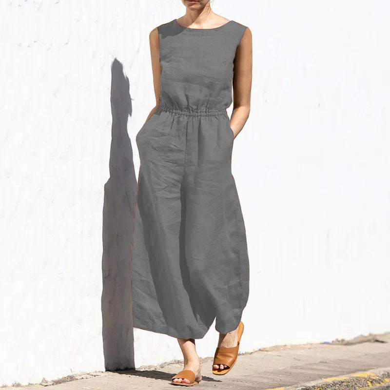 Cotton And Linen Jumpsuit Women Solid Color Sleeveless Pocket High Waist Wide Legs Jumpsuits Casual Commuting Ladies Bodysuits
