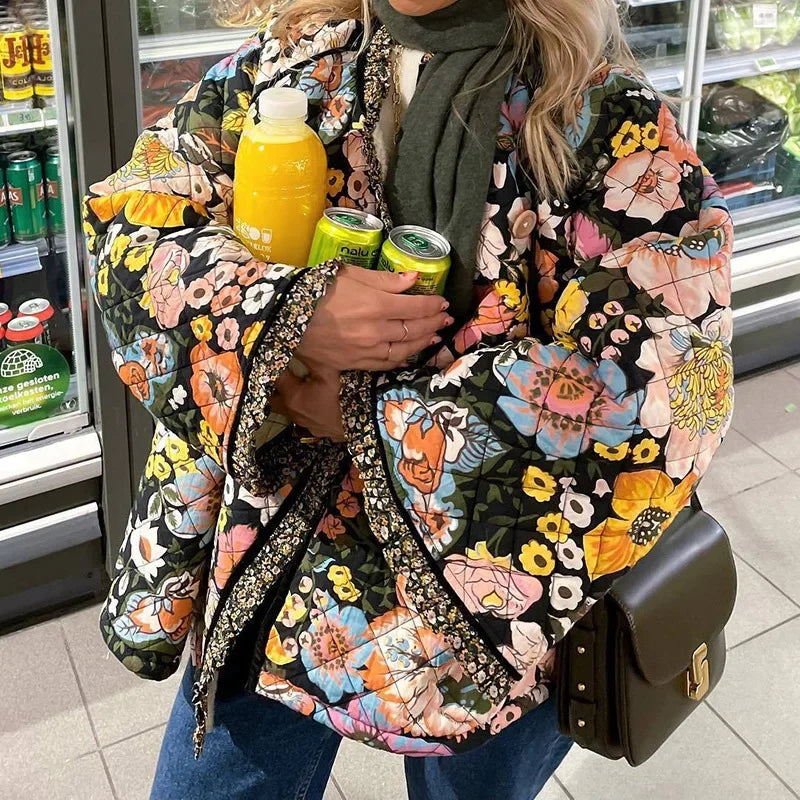 Vintage Floral Flower Printed Cotton Coat Women Fleece Thick Warm Long Sleeve Quilted Jacket Autumn Winter Women's Clothing