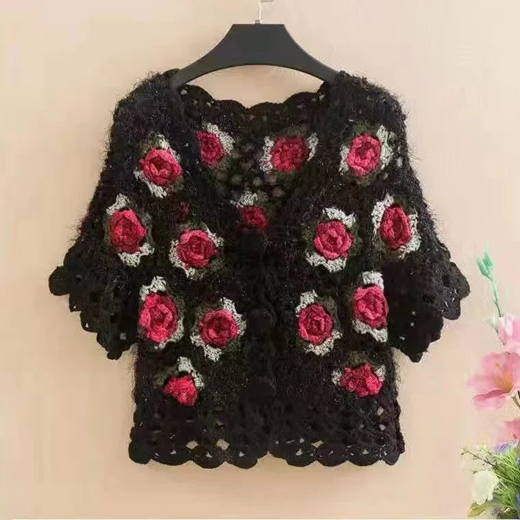 Three-Dimensional Flower Openwork Crocheted Sweater Cardigan Women's Spring And Autumn New Heavy Industry Joker Sweater 3XL Coat