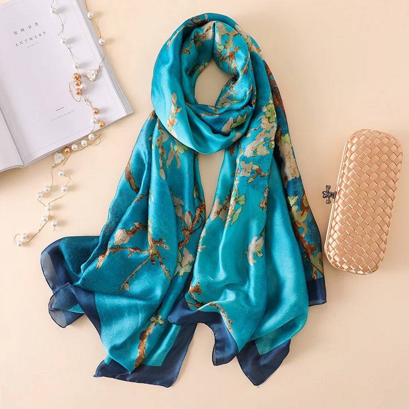 Green Peacock Feather Hijab Summer Beach Pareo Silk Scarf Women Luxury Bandana Soft Long Foulard Femme Designer Bufandas Mujer