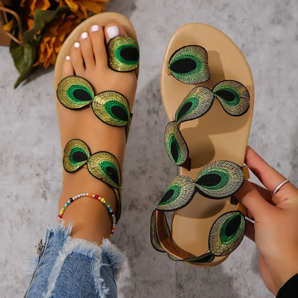 Yellow Embroidered Faux Flower Fashion Sandals Flat Plus Size 43 Summer Outdoor Beach Shoes Travel Mom Shoes