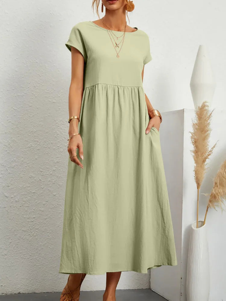 Women Vintage Solid Dress Summer Elegant O Neck Short Sleeve Cotton Linen Dresses Female Casual Loose Sundress Long Dress