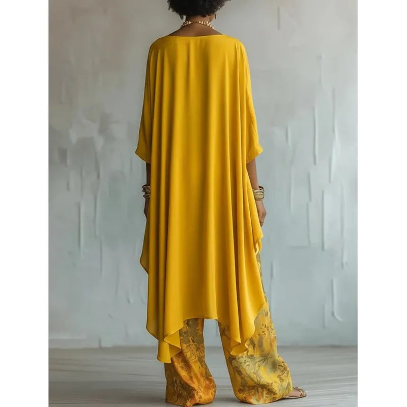 Boho Women's Spring Summer New Two-piece Set Suit Vintage Printed Irregular O Neck Versatile Casual Loose 2-piece Set For Women