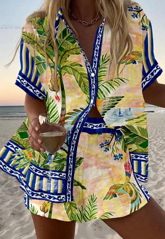 Fashion Print Beach Holiday 2-Piece Set Women Summer Short Sleeve Shirt Top + Wide Legs Short Women's Oversized Two-Piece Outfit