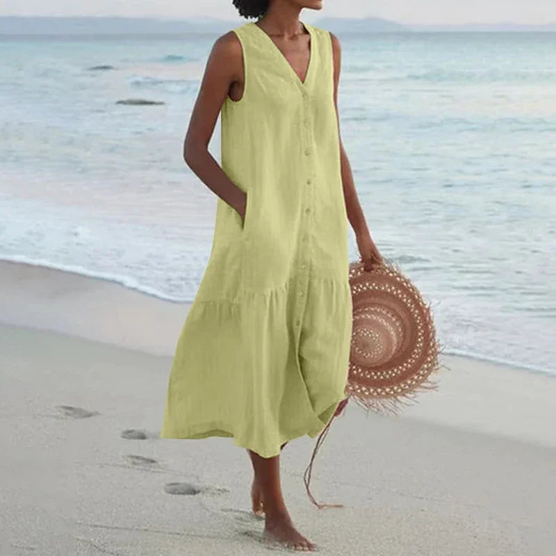 Summer Loose Casual Patchwork Cotton Linen Pocktes Dress V Neck Beach Style Dress Sleeveless Vintage Club Midi Solid Women Dress