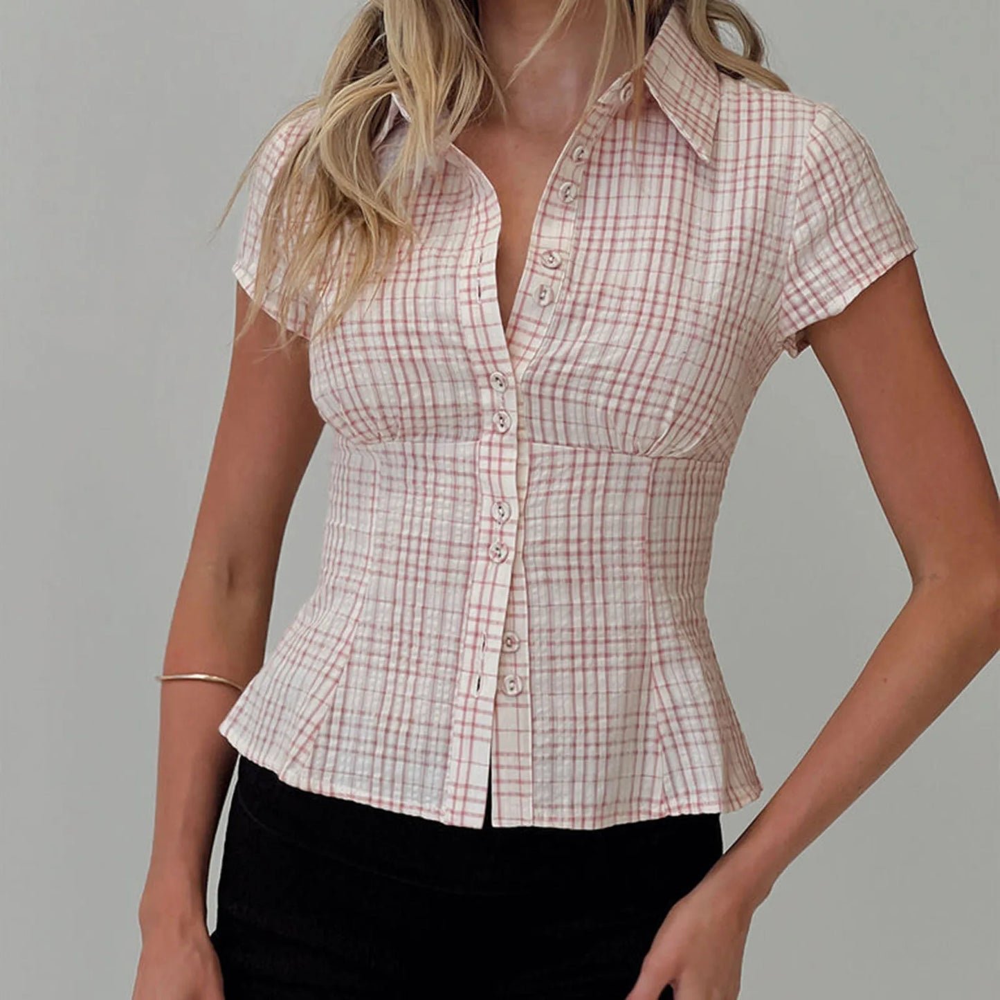 hirigin Women's Y2K Short Sleeve Plaid Button Down Shirt Button Down Blouses Tops Casual Summer Shirt Tops 90s Streetwear