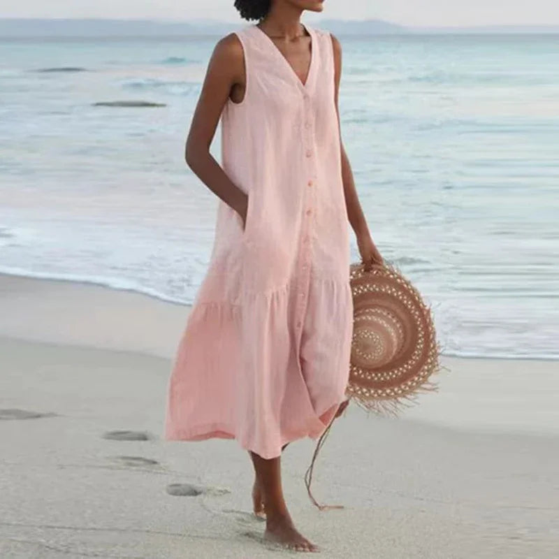 Summer Loose Casual Patchwork Cotton Linen Pocktes Dress V Neck Beach Style Dress Sleeveless Vintage Club Midi Solid Women Dress