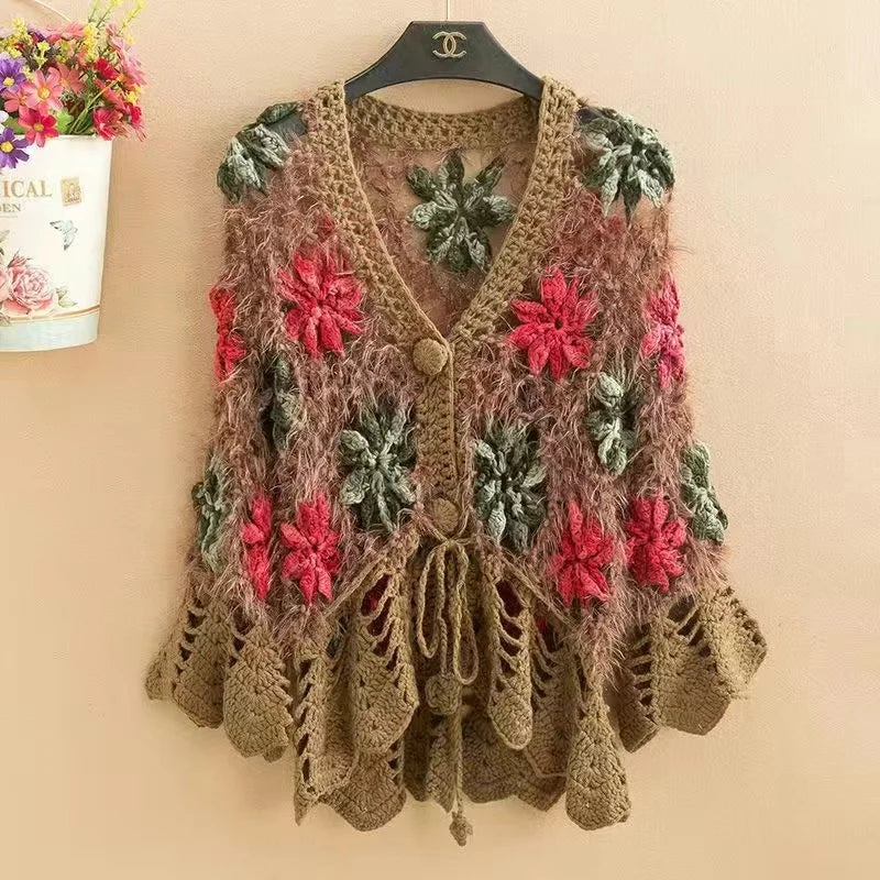 Three-Dimensional Flower Openwork Crocheted Sweater Cardigan Women's Spring And Autumn New Heavy Industry Joker Sweater 3XL Coat