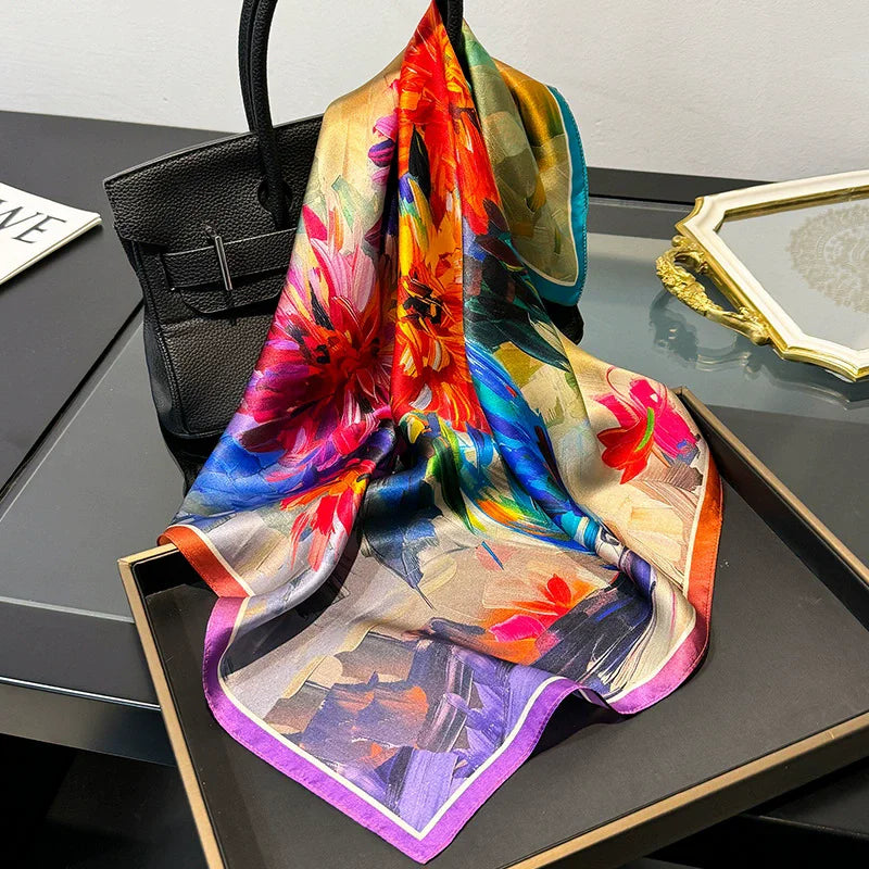 2025 New 100% Pure Silk Scarf Women Neck Hair Foulard Bandana Square Small Headband Hijab Print Poncho Scarves Pashmina