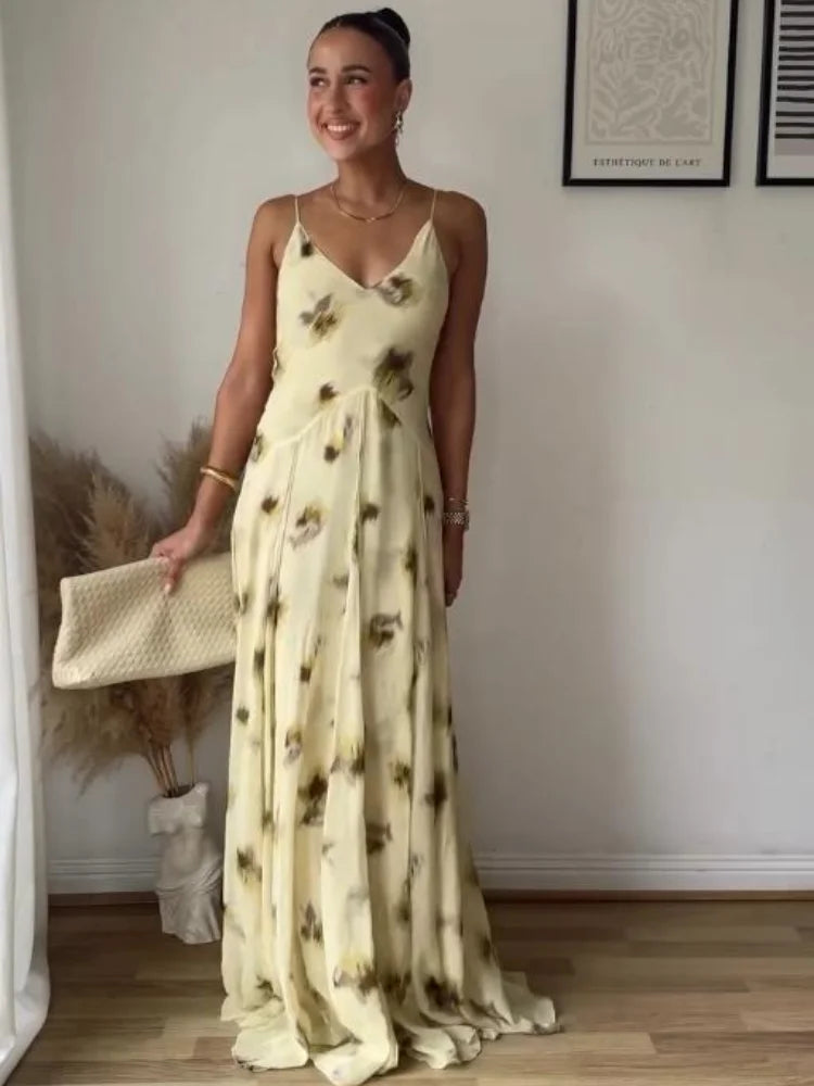 Yellow Print V Neck Sling Maxi Dresses Elegant Sleeveless Backless High Waist Pleated Long Dress Lady New Summer Commute Robes