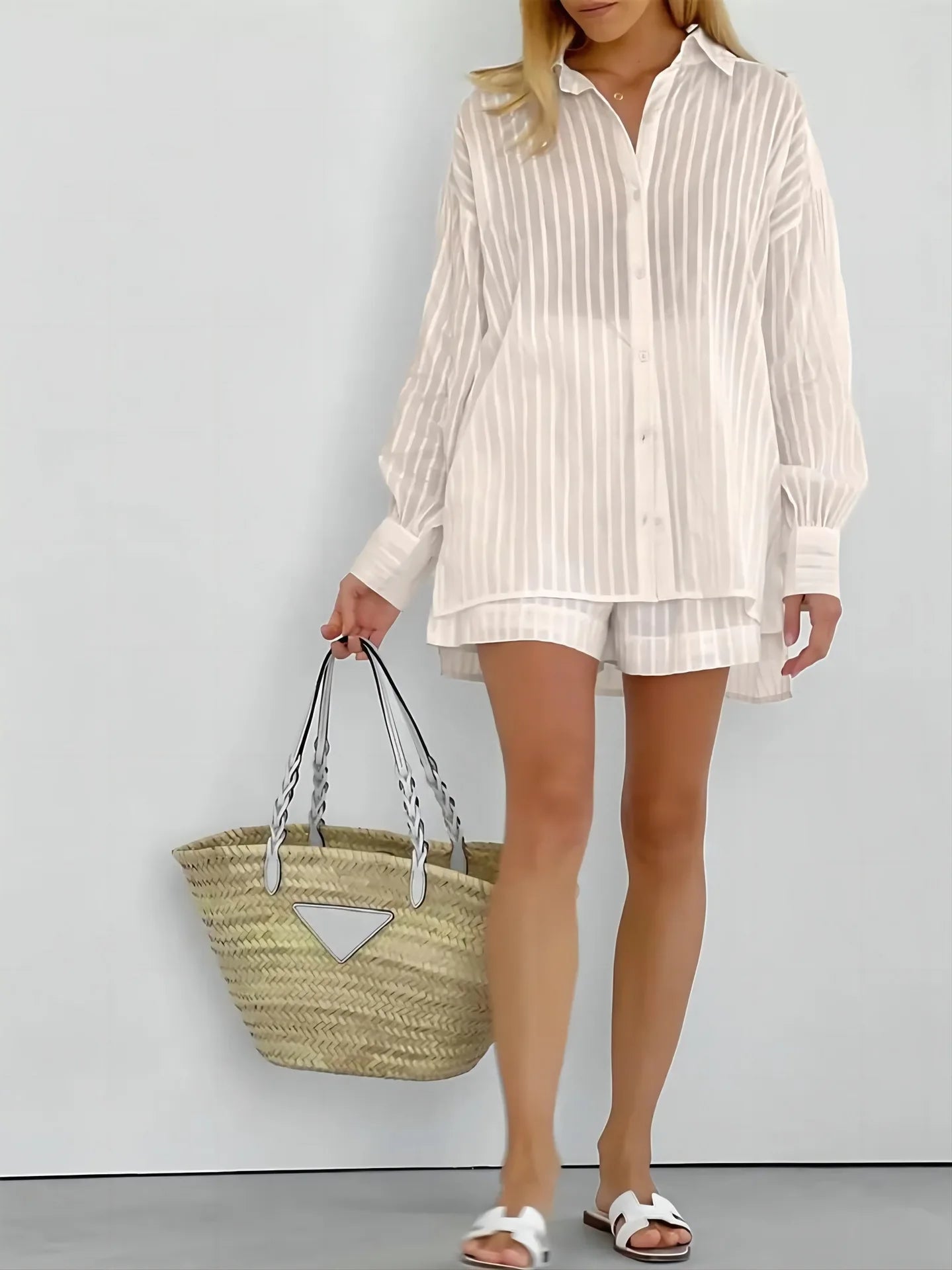 2024 Spring Summer Solid Cotton Short Two Piece Set Women Stripe Long Sleeve Shirts Shorts 2 Piece Sets Simple Style Lady Suit