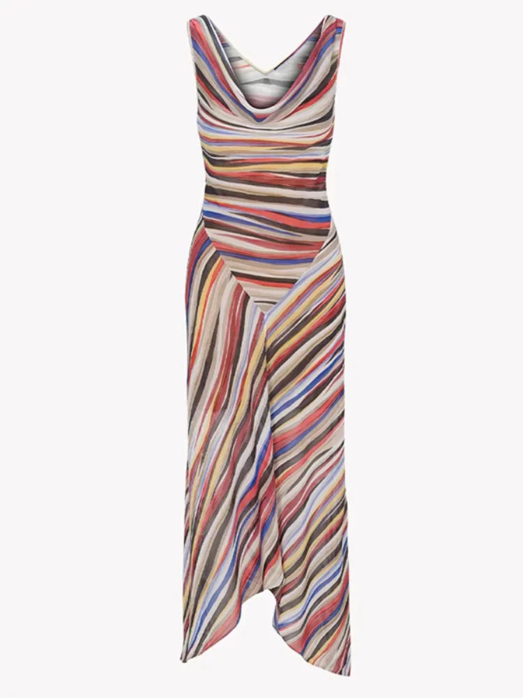 Women Sleeveless Stripe Maxi Dress Cowl Neck Multicolor Ruched Bodycon High Slit Chiffon Vestido Sexy Evening Party Summer Gown