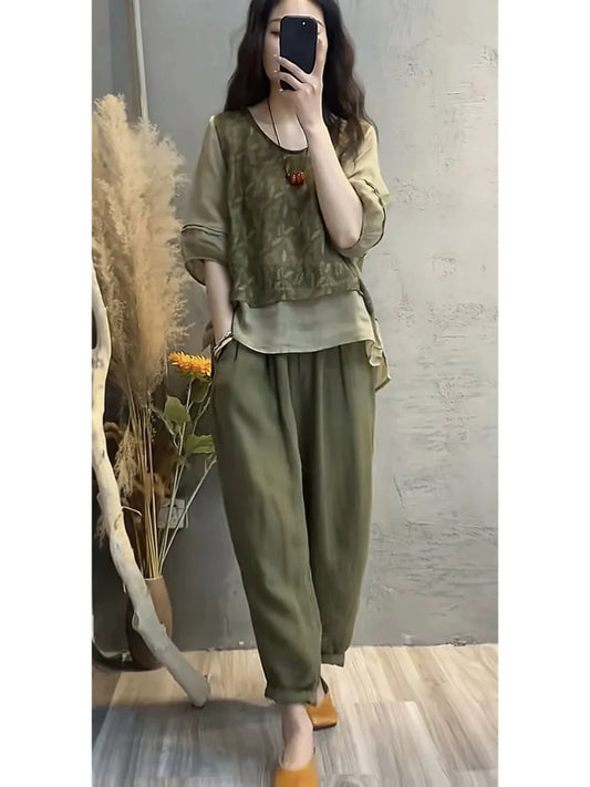 Faionable Cotton Linen Set Women's Summer New Print Patchwork Slimming Two-Piece Top Harlan Pants Fake Two-Piece Suit