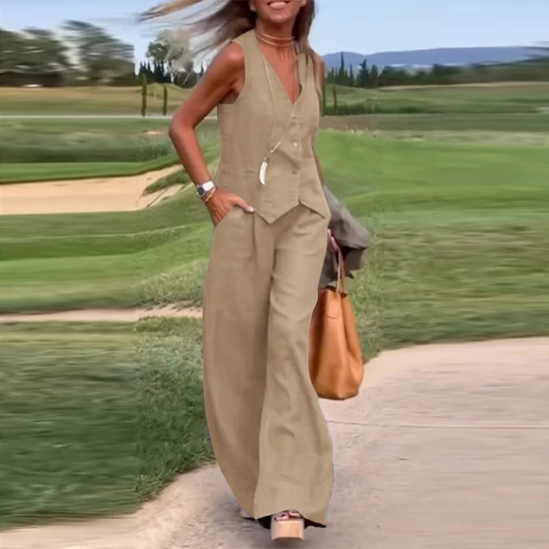 Woman Elegant 2-Piece Pant Sets Casual Vest and Pants Sets Old Money Style Suits 2pcs Outfits Wide Leg Trouser Sets