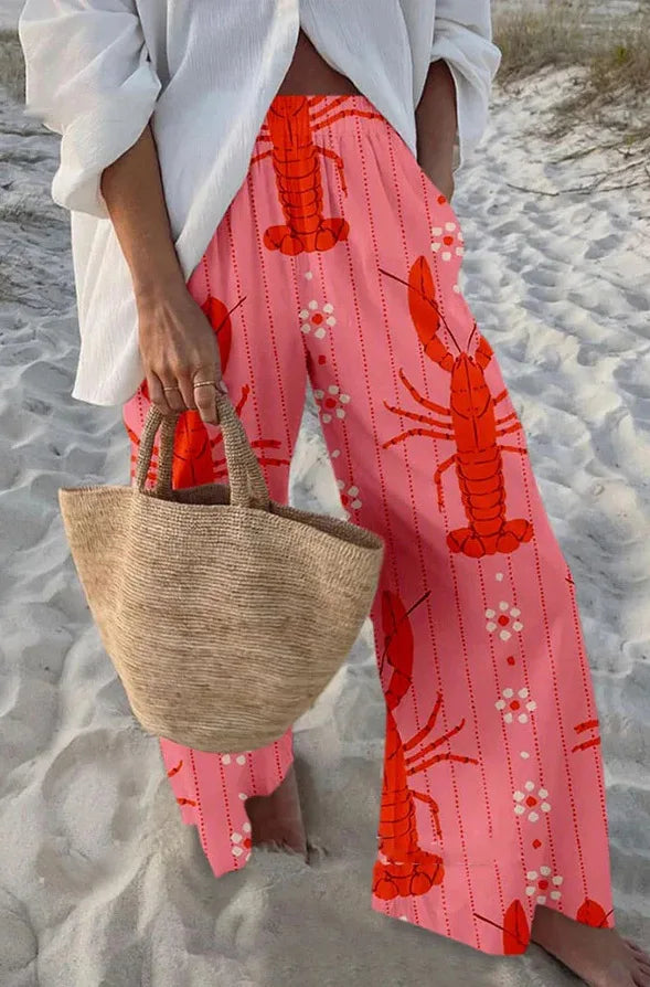 Ladies Beach Pants High Quality Pure Cotton Fabric Blue Fish Graphic Printing Chic Trend Fashion New Loose Wide Leg Trousers