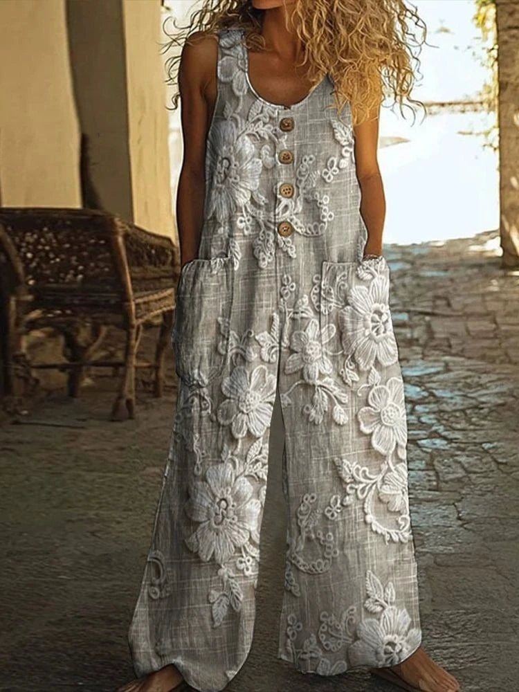 Vintage Print Buttons Sleeveless Jumpsuits Women Summer New Fashion Temperament Loose Wide Legs Jumpsuit Lady Commuting Clothing