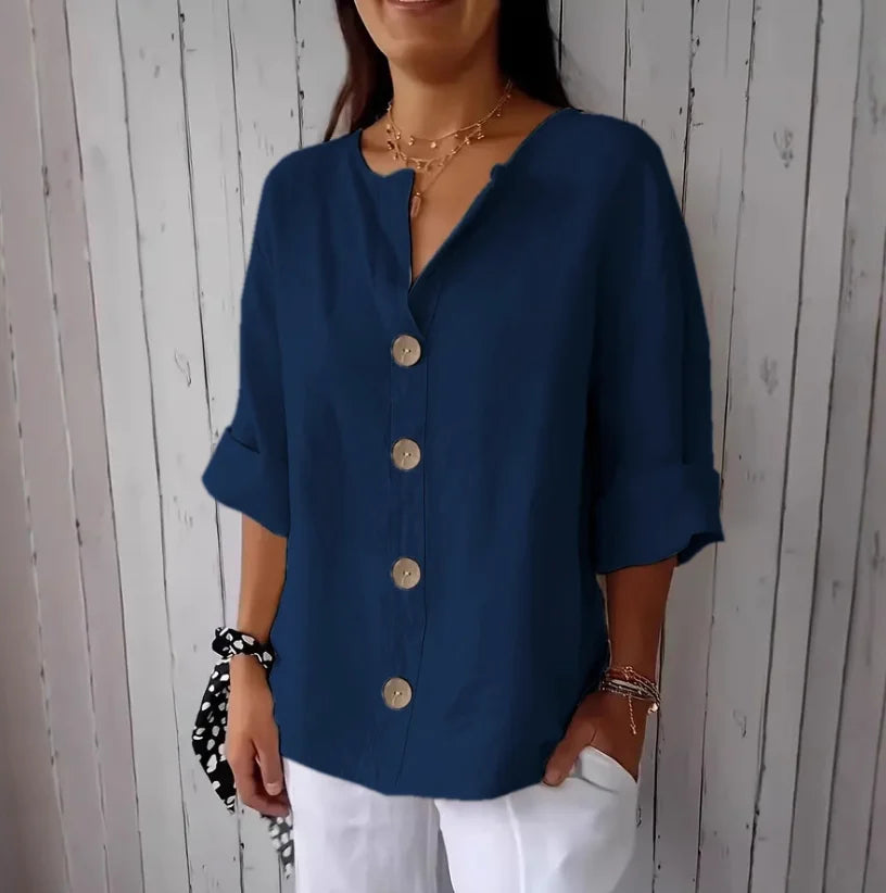 Summer Loose Shirt Women's V-Neck Button Top Casual Shirts Solid Fashion Elegant Office Women Clothing Blouse