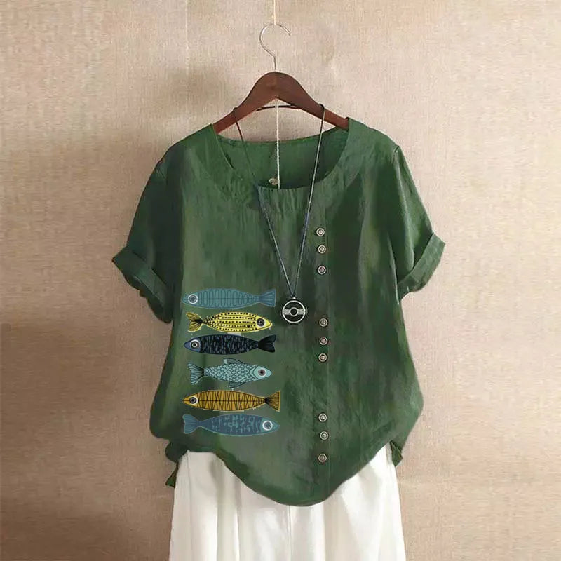 Women Cotton Linen Blouse Shirts Summer O-Neck Short Sleeve Vintage Floral Print Loose Tops WYLP-AL620409060860