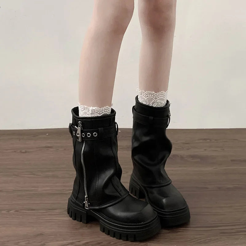 Winter Women Biker Boots Fashion Belt Buckle Ladies Elegant Platform Flats Short Booties Casual Women's Knight Booties