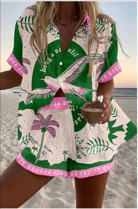Fashion Print Beach Holiday 2-Piece Set Women Summer Short Sleeve Shirt Top + Wide Legs Short Women's Oversized Two-Piece Outfit