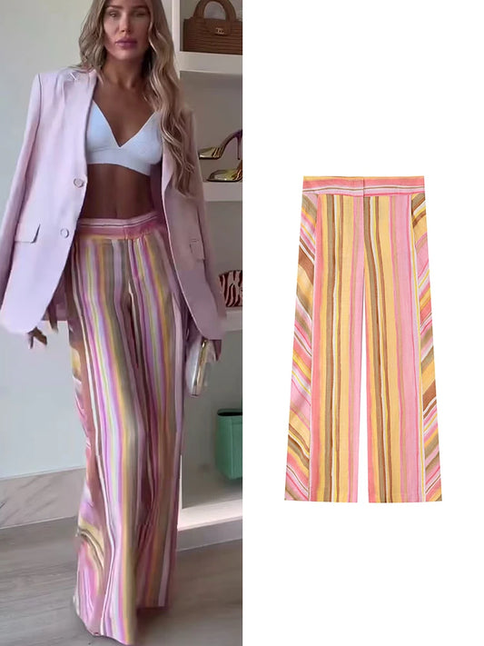 New Women Pant Sweet Striped Straight Colorful Multicolor Wide Leg Long Pants Casual Fashion Streetwear Ladies Outfit