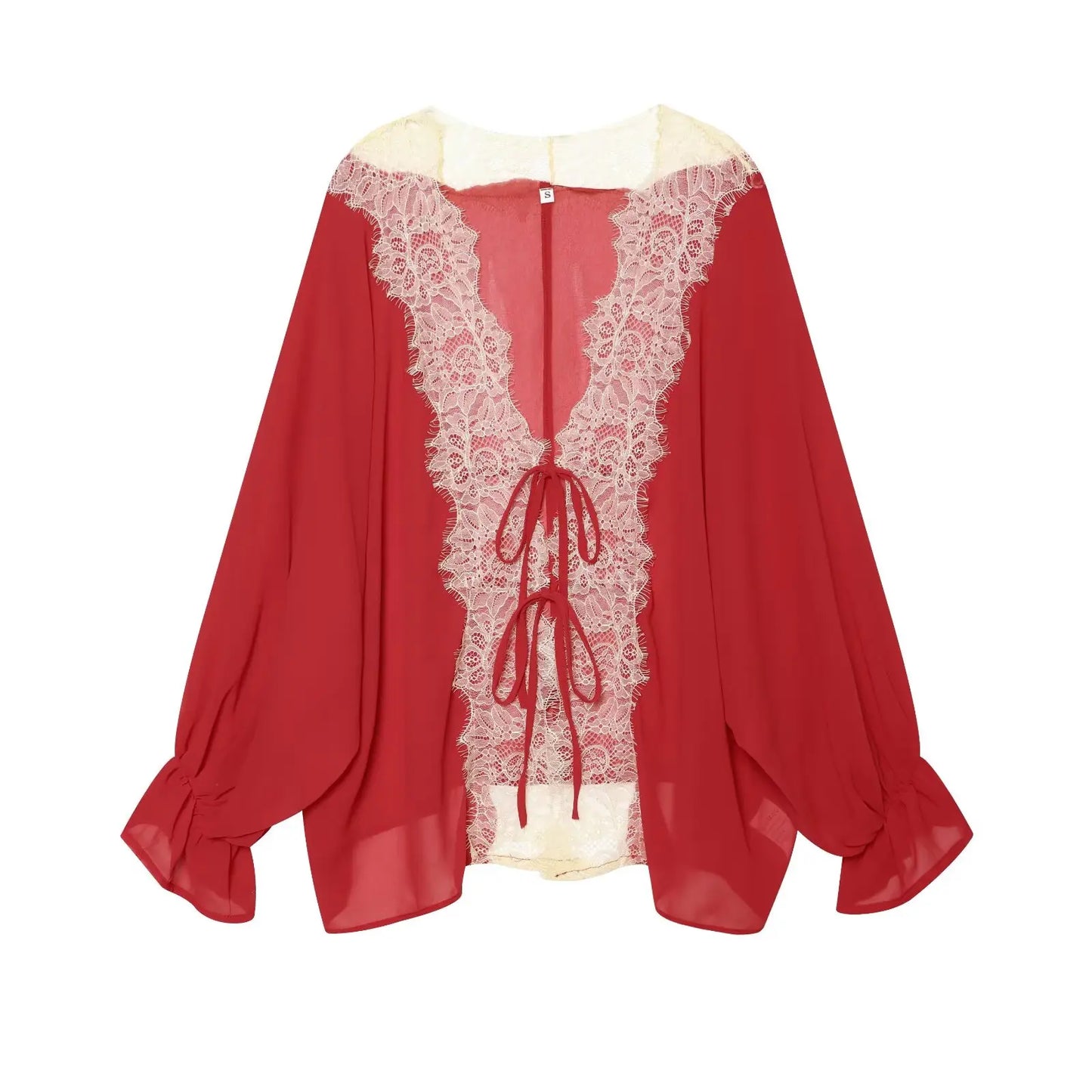 Women Lace Patchwork Lantern Long Sleeve Shirt Top Tie-up Loose Sheer Blouse Elegant Irregular High Street Fashion Lady