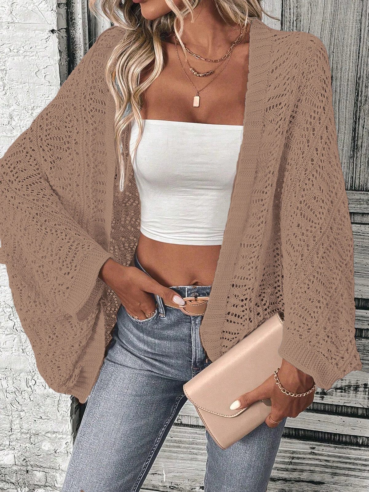 Polyester 100.00% Solid Color Camisole Knit Cardigan Elegant Front Open Bat Wing Sleeve Loose Cardigan for Women