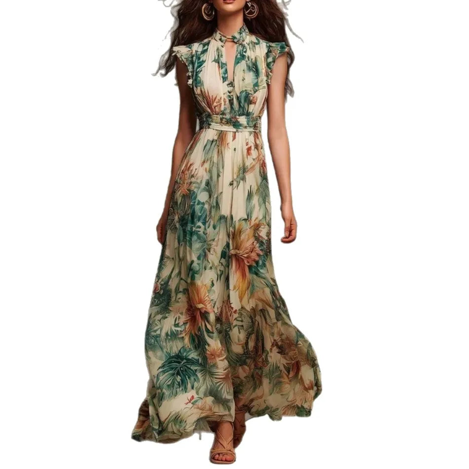 Floral Print Maxi Dress Sleeveless Ruffle Mock Neck Keyhole Front Smocked Waist Flowy Chiffon Bohemian Long Dress for Women