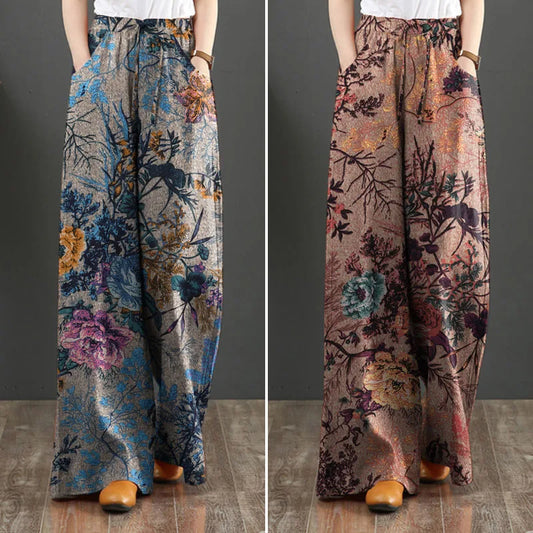 Women Vintage Floral Printed Wide Leg Pants Autumn Trousers Casual Elastic Waist Loose Palazzo Bohemian Holiday Pantalon