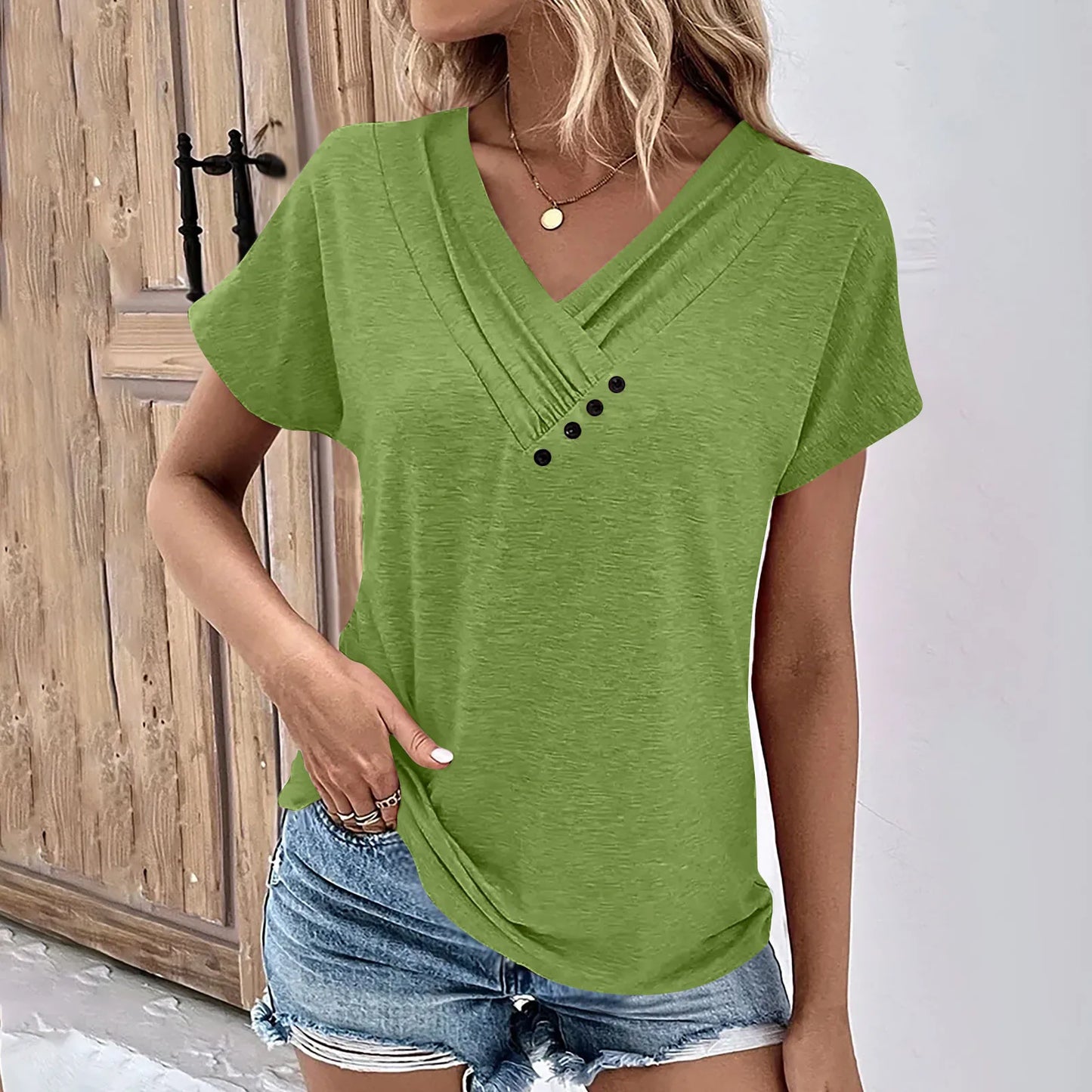 Fashion Women T Shirt Solid Color V Neck Short Sleeve Basic Tops Tee Streetwear Summer Oversized Clothing Female T-Shirts