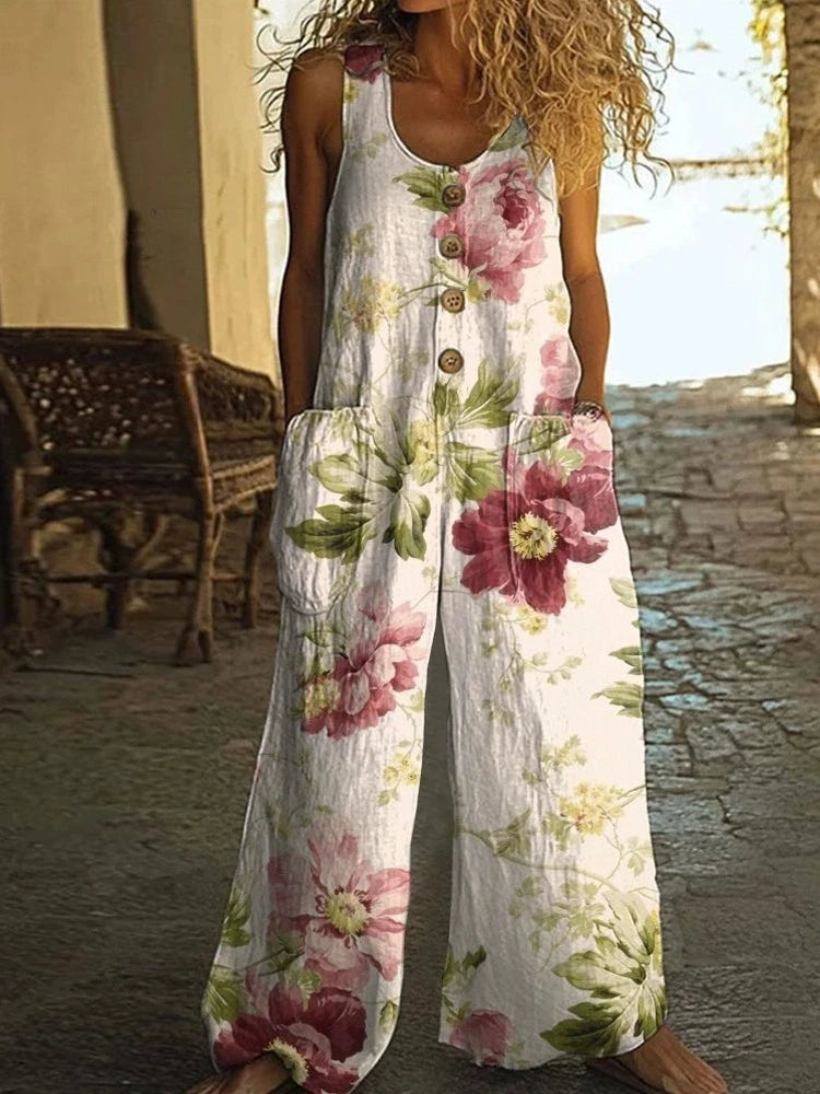 Vintage Print Buttons Sleeveless Jumpsuits Women Summer New Fashion Temperament Loose Wide Legs Jumpsuit Lady Commuting Clothing