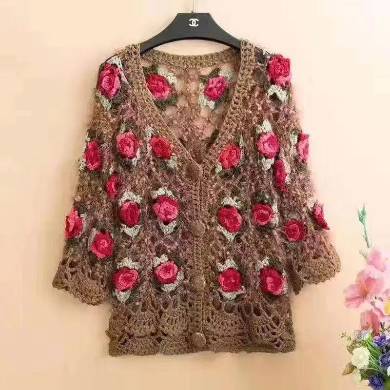 Three-Dimensional Flower Openwork Crocheted Sweater Cardigan Women's Spring And Autumn New Heavy Industry Joker Sweater 3XL Coat
