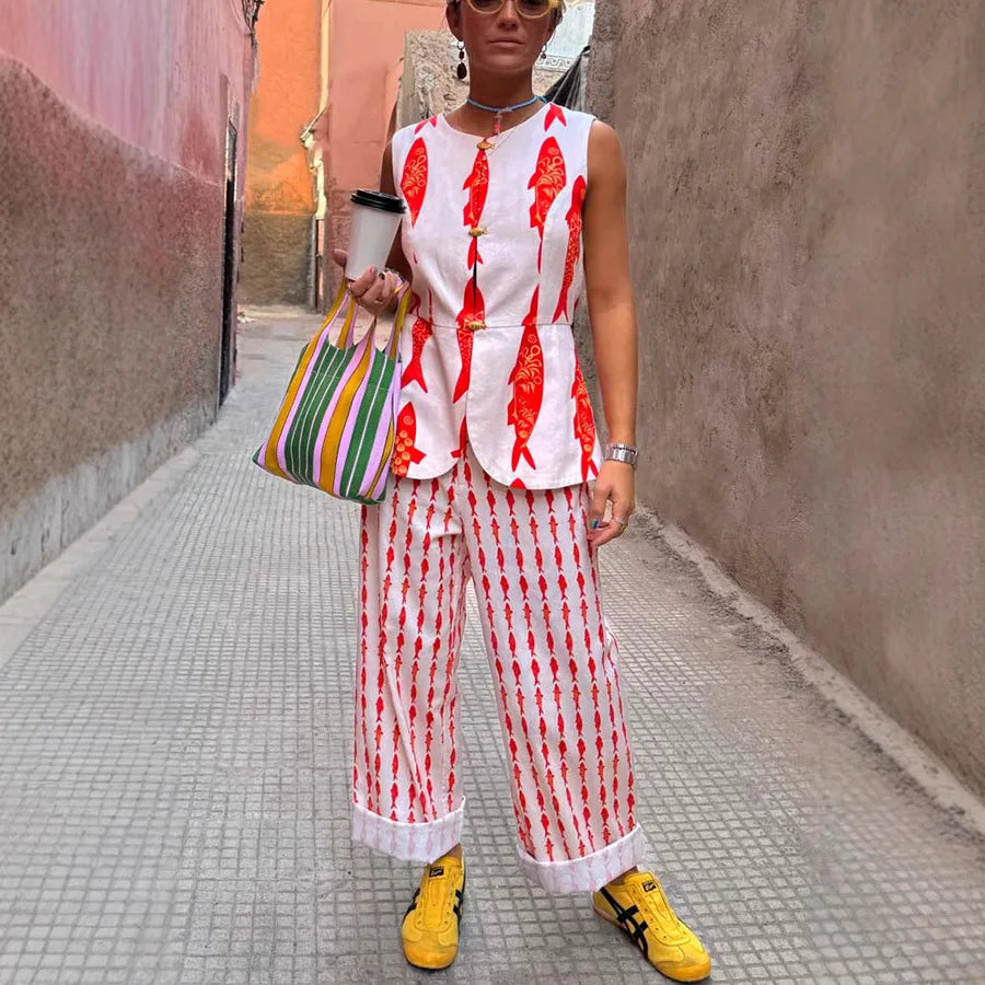 Summer Women Cartoon Red Fish Print O Neck Tank Top And Straight Female Long Pants Short Sleeve Shirt Wide Leg Pant 2 Piece Sets