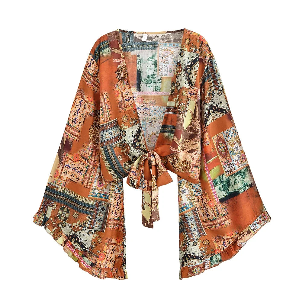 Boho Queens Sun Flower Beach Summer Short Kimono Women 2025 Ruffles Flare Sleeves Vacation Bohemian Bikini Cover-ups