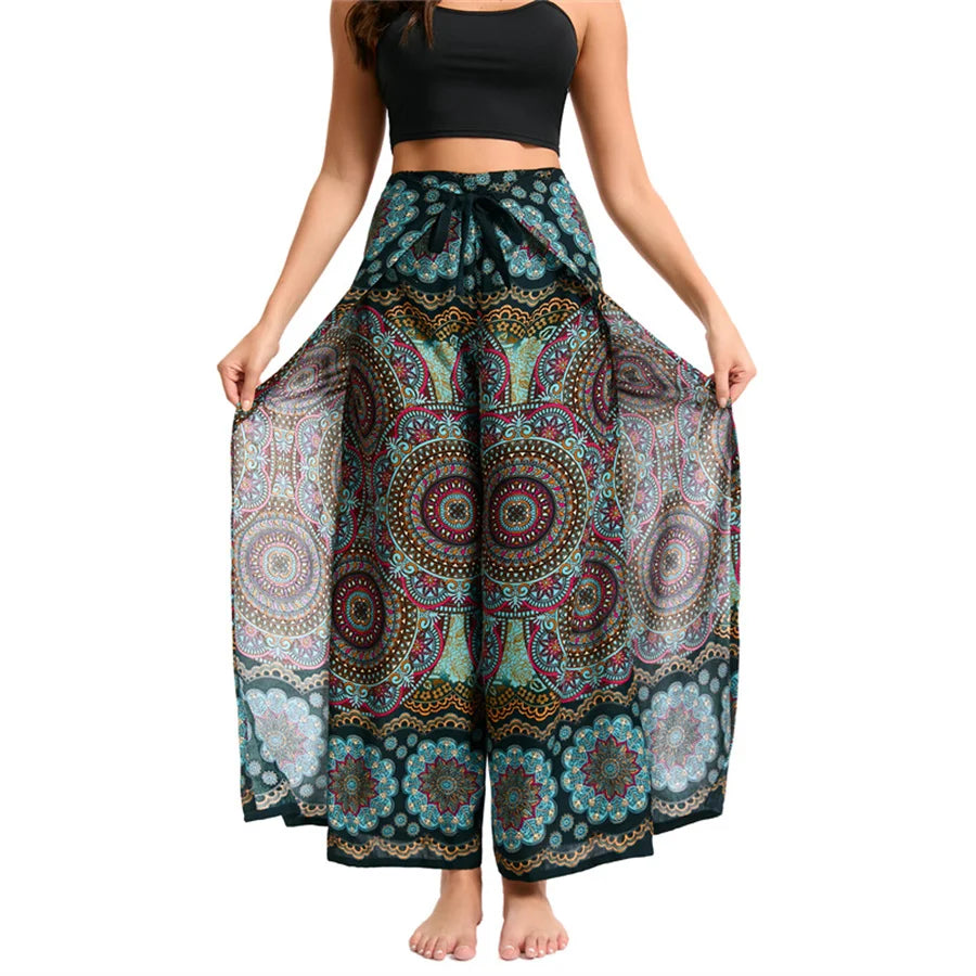 Women's Boho Palazzo Pants Wide Leg Yoga Wrap Tie Up Waistband Beach Cover Up Trousers Rayon Soft Breathable Loose Pants