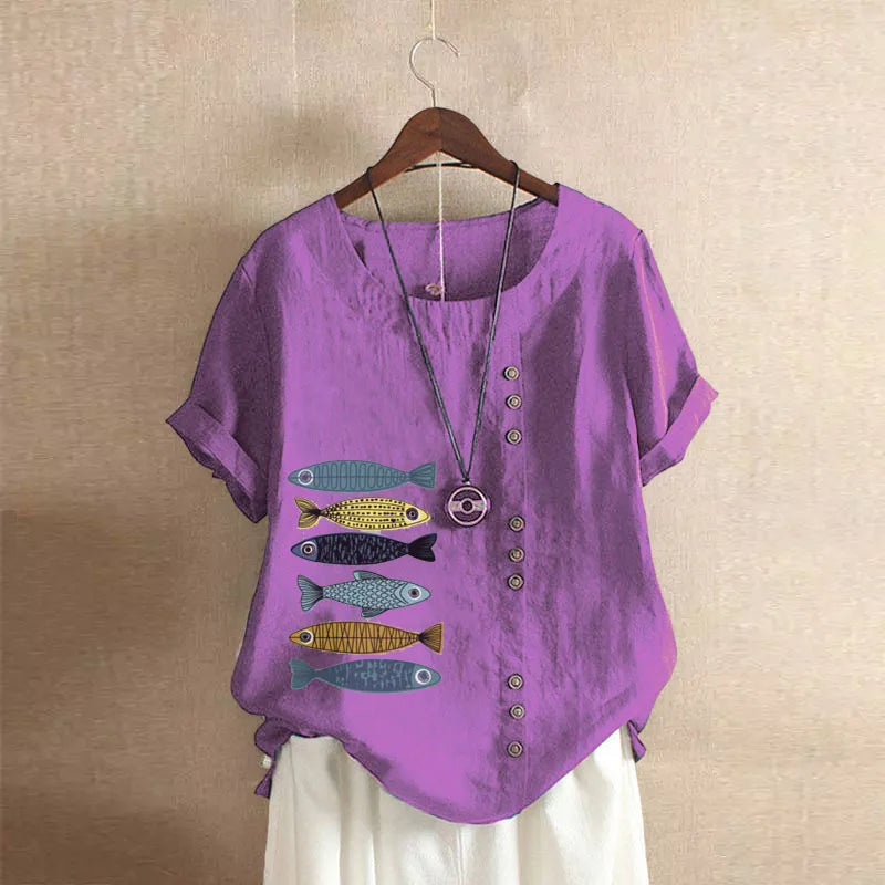 Women Cotton Linen Blouse Shirts Summer O-Neck Short Sleeve Vintage Floral Print Loose Tops WYLP-AL620409060860