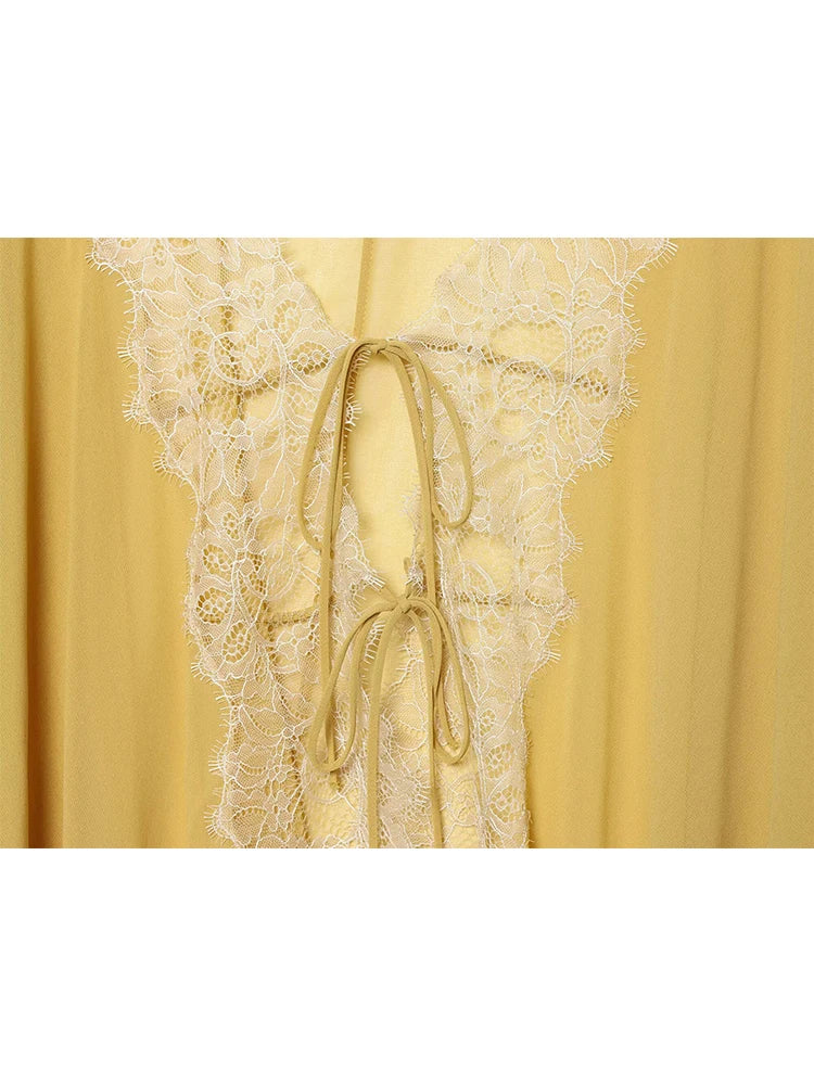 Women Lace Patchwork Lantern Long Sleeve Shirt Top Tie-up Loose Sheer Blouse Elegant Irregular High Street Fashion Lady