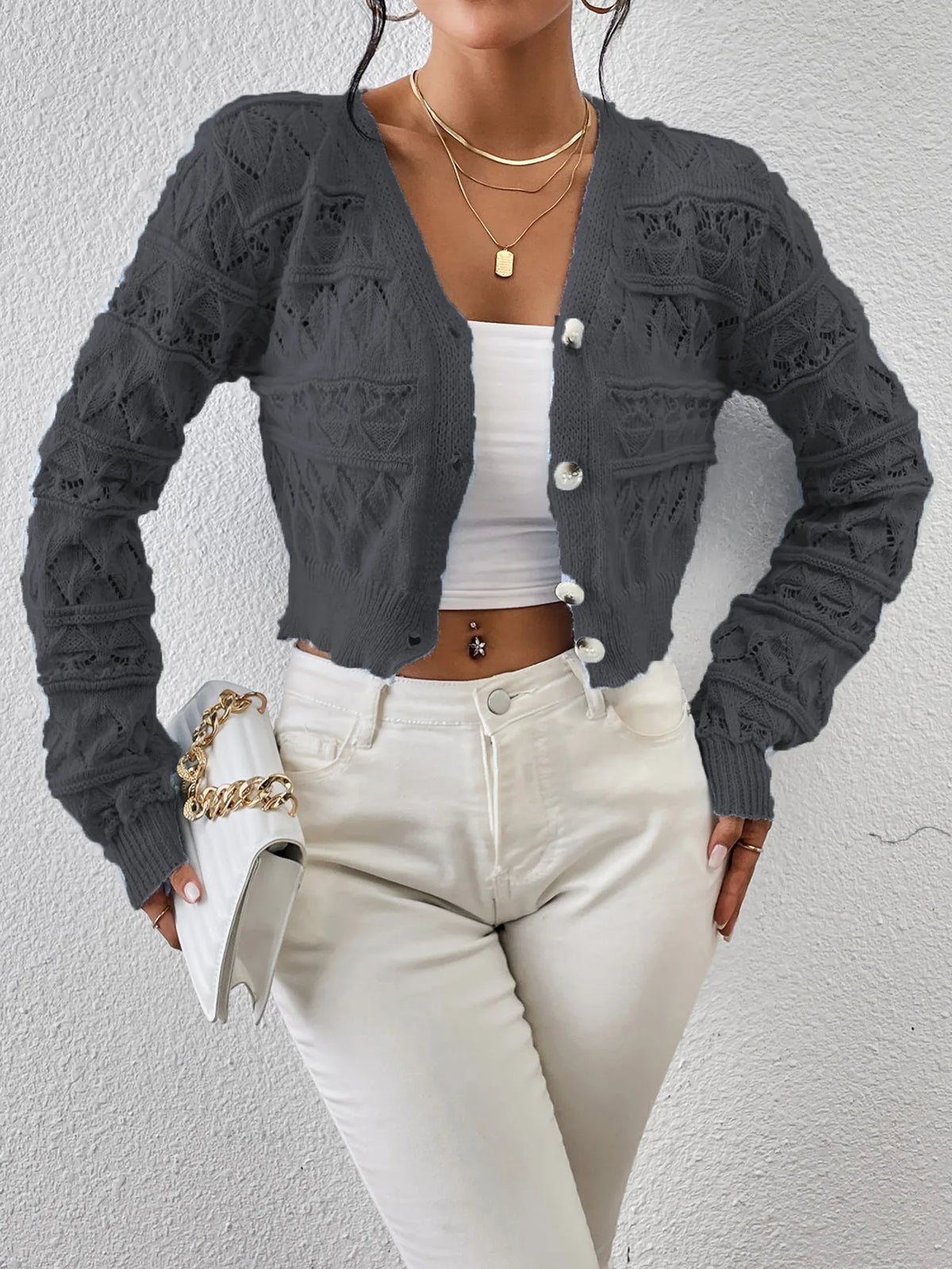 2026 New Autumn Women V-neck Knitwears Long Sleeve Knitted Sweaters Hollow Out Embroidery Single Breasted Short Cardigans Tops