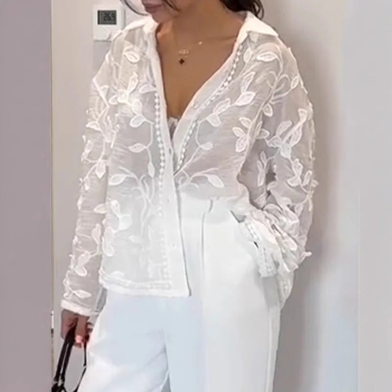 Heavy Industry Embroidery Lapel Long Sleeved Shirt for Summer Sun Protection, New Embroidery Loose Top Cardigan