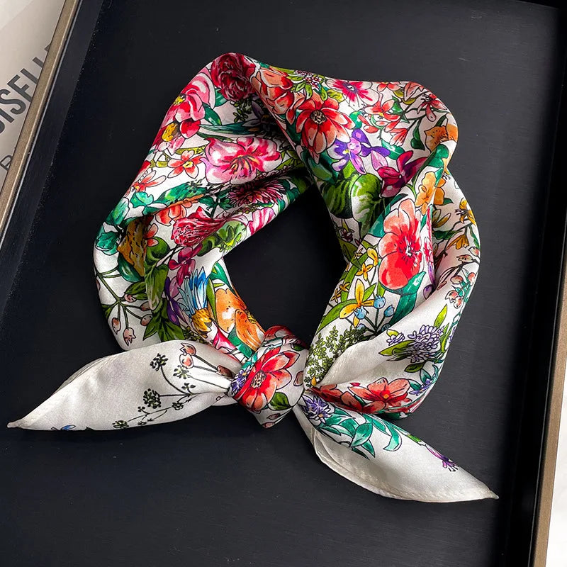 2025 New 100% Pure Silk Scarf Women Neck Hair Foulard Bandana Square Small Headband Hijab Print Poncho Scarves Pashmina