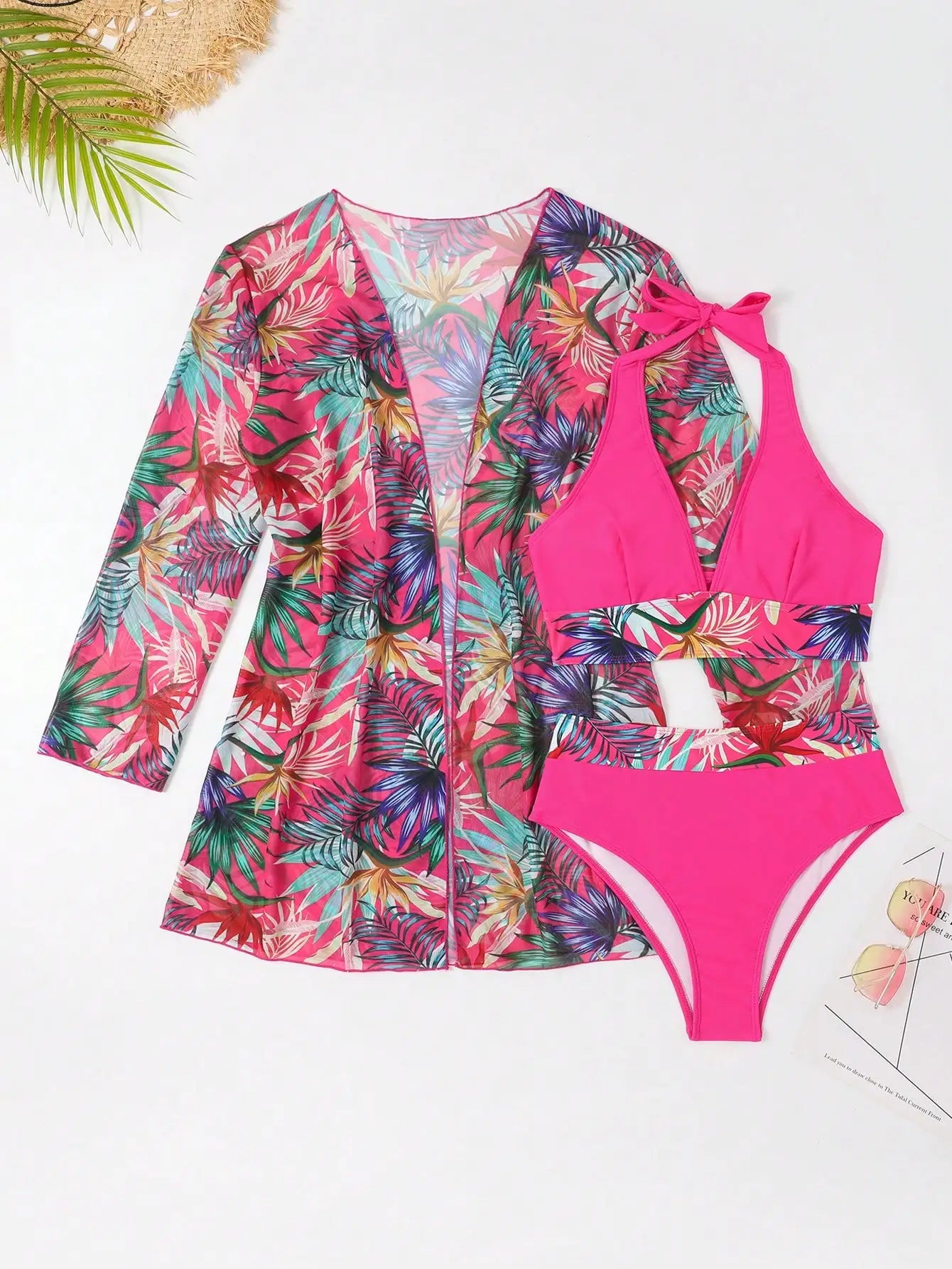 Halter Print Bikini Sets 3PCS Women Swimsuit With Kimono High Waist Swimwear Female Bathers Bathing Swimming Swim Suit Beachwear