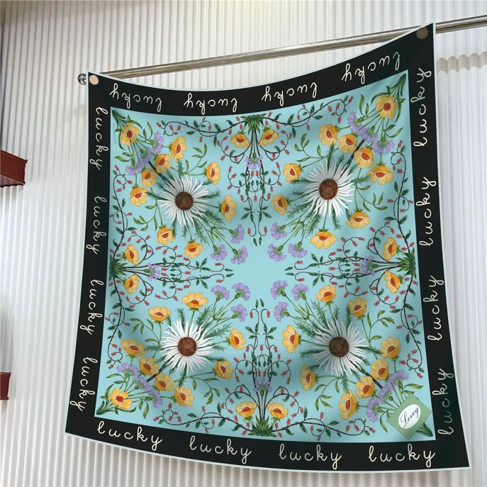 Silk Scarf Women Floral Printed Square Scarves Head Echarpes Silk Foulards Femme Wraps Beach Shawls Bandana Lady Hijabs 90CM