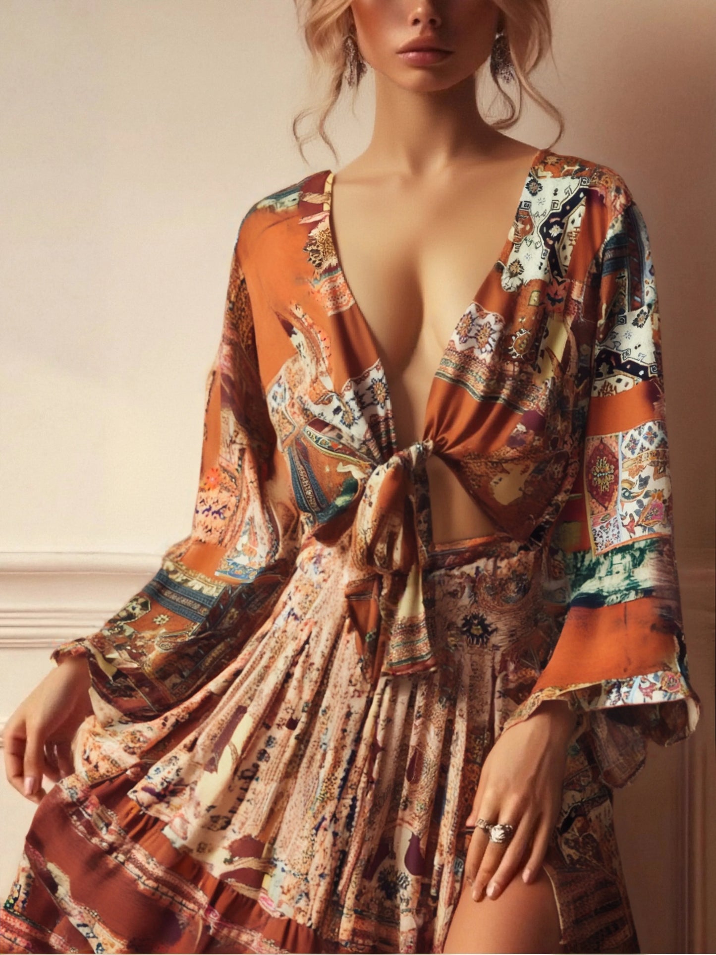 Boho Queens Sun Flower Beach Summer Short Kimono Women 2025 Ruffles Flare Sleeves Vacation Bohemian Bikini Cover-ups