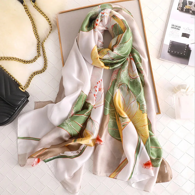 Green Peacock Feather Hijab Summer Beach Pareo Silk Scarf Women Luxury Bandana Soft Long Foulard Femme Designer Bufandas Mujer