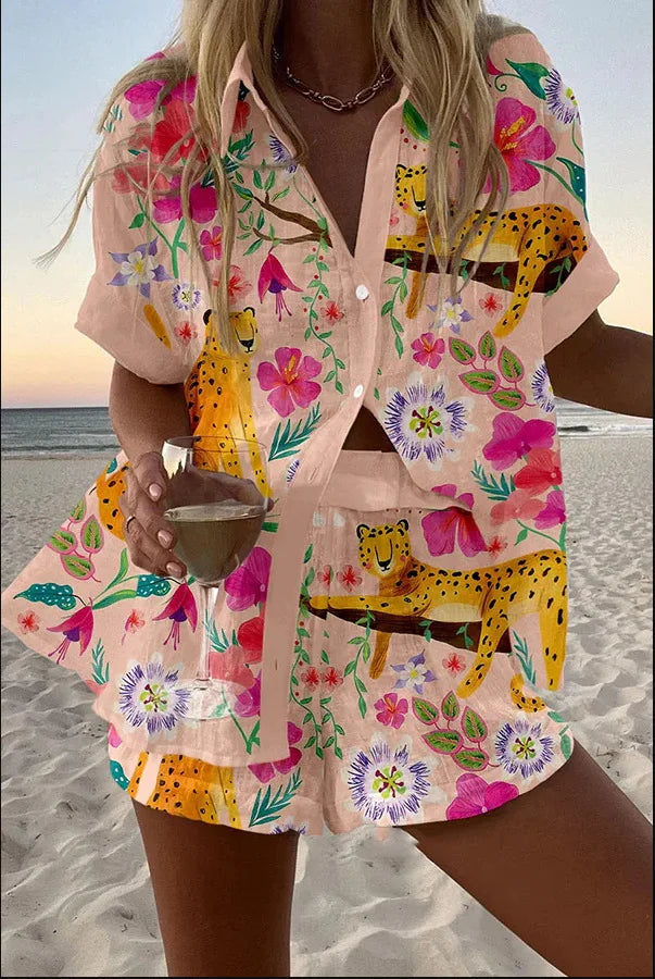 Fashion Print Beach Holiday 2-Piece Set Women Summer Short Sleeve Shirt Top + Wide Legs Short Women's Oversized Two-Piece Outfit
