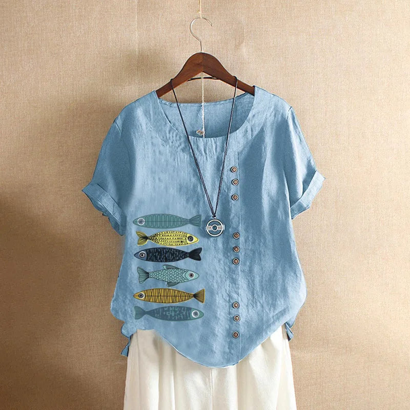 Women Cotton Linen Blouse Shirts Summer O-Neck Short Sleeve Vintage Floral Print Loose Tops WYLP-AL620409060860