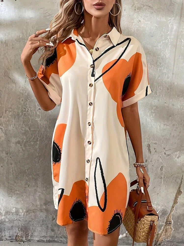 New Summer Everyday Casual Women's Short Sleeve Shirt Dress  Sweet Fashion Single-breasted Dress Floral Print Elegant Dress