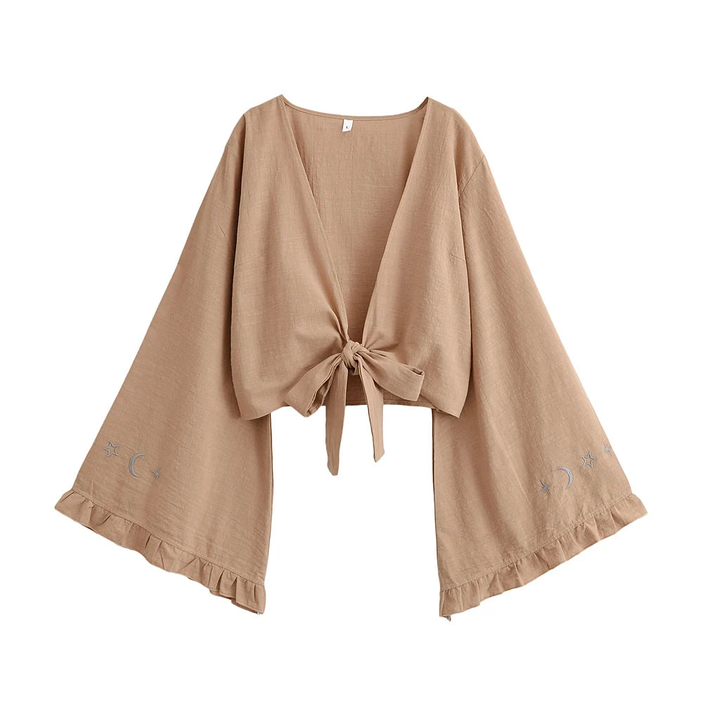 Boho Queens Women Star Moon Embroidery Ruffles Flare Sleeve Short Bohemian Kimono Vacation Beach Summer Bikini Boho Cover-ups