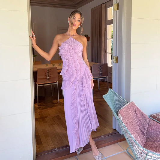 Chic pleated halter neck long vacation dress high quality purple strapless Lotus Edge Maxi Dress 2025 New Lady Vacation Gowns