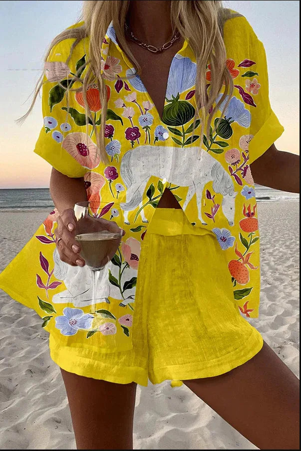Fashion Print Beach Holiday 2-Piece Set Women Summer Short Sleeve Shirt Top + Wide Legs Short Women's Oversized Two-Piece Outfit